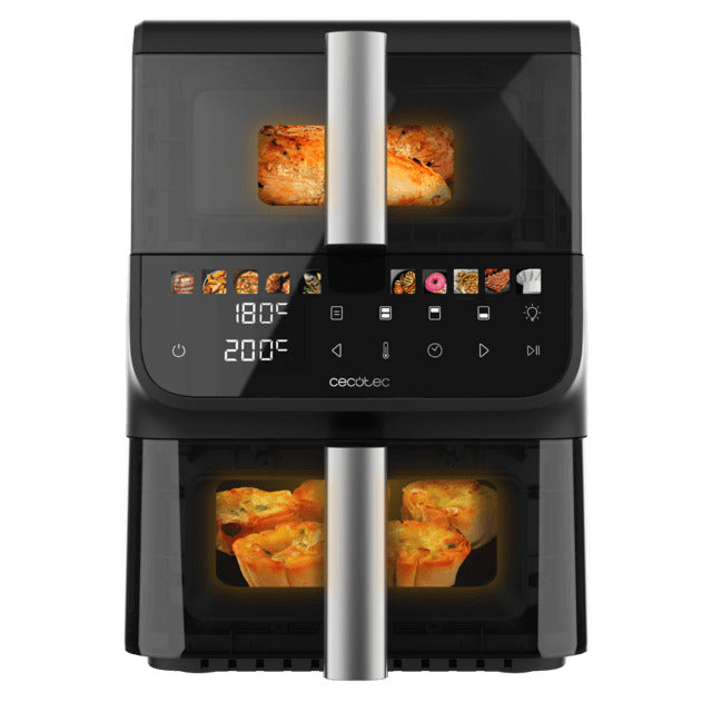 Cecofry DuoLevel 10000 DuoSize Window 10 litre air fryer with windows, stacked baskets of 3.5 and 6.5 litres, 2000 W power, touch control and 10 preset programs for fast and healthy cooking.